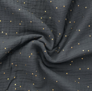 Tissu gaze de coton gris pois doré