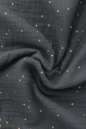 Tissu gaze de coton gris pois doré