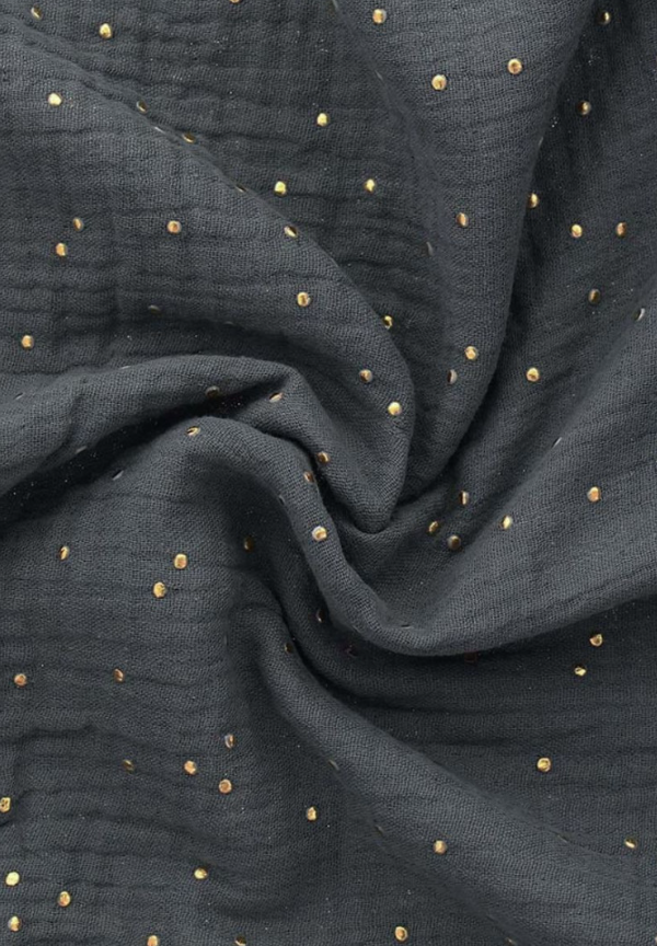 Tissu gaze de coton gris pois doré