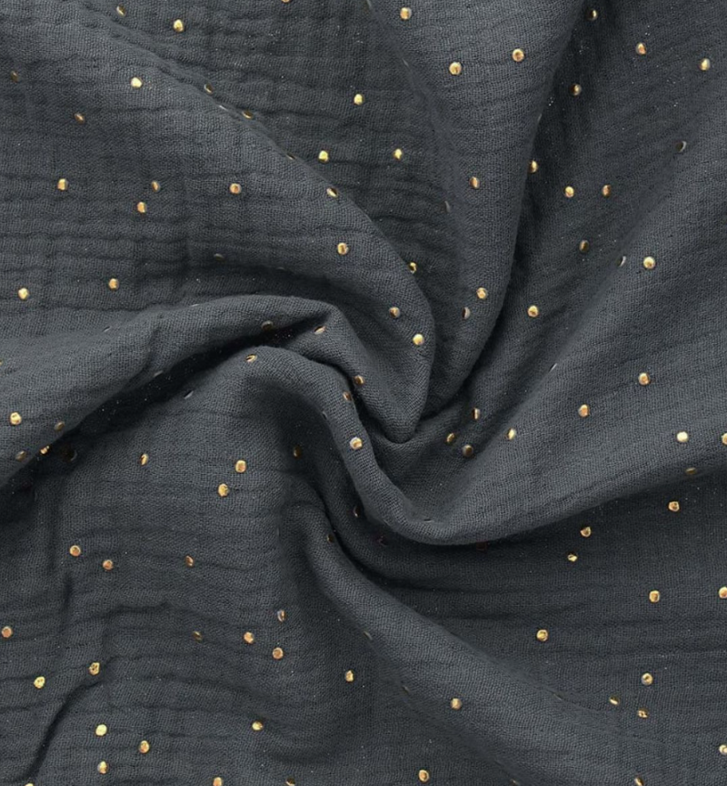 Tissu gaze de coton gris pois doré