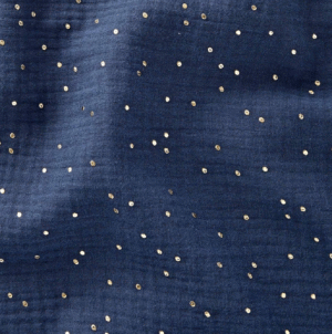Tissu gaze de coton bleu pois doré