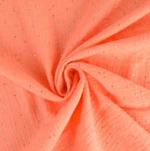 Tissu gaze de coton orange pois doré