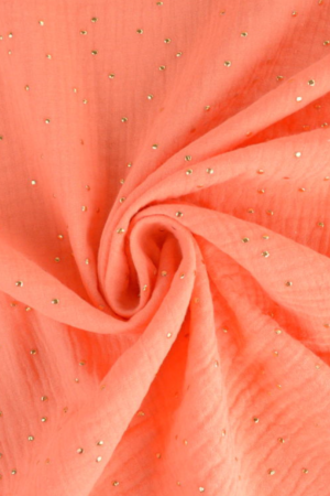 Tissu gaze de coton orange pois doré