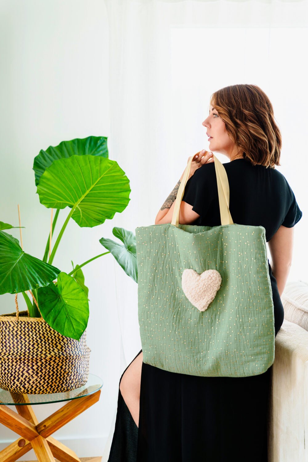 Sac cabas double gaz vert pois doré