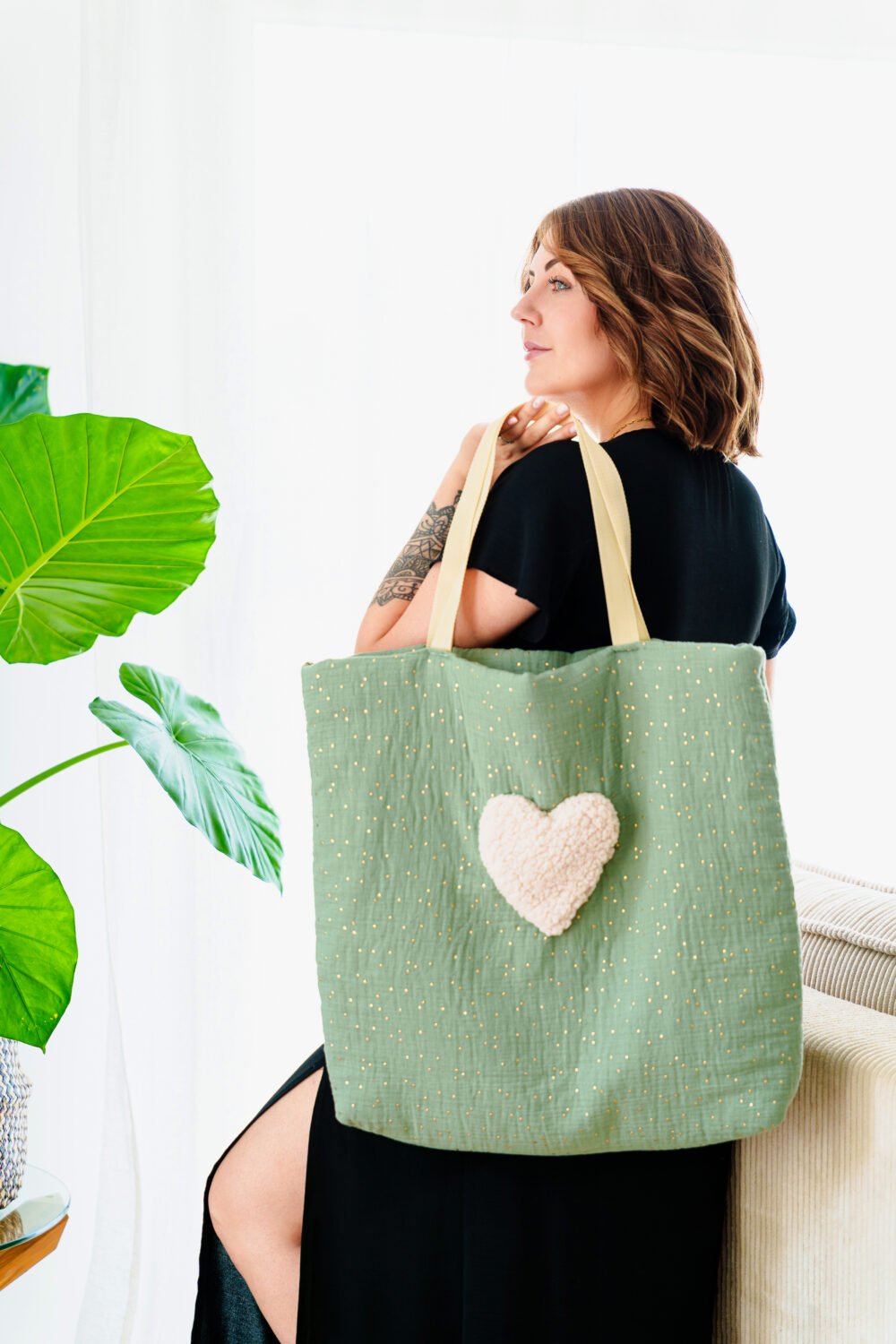 Sac cabas double gaz vert pois doré – Image 3