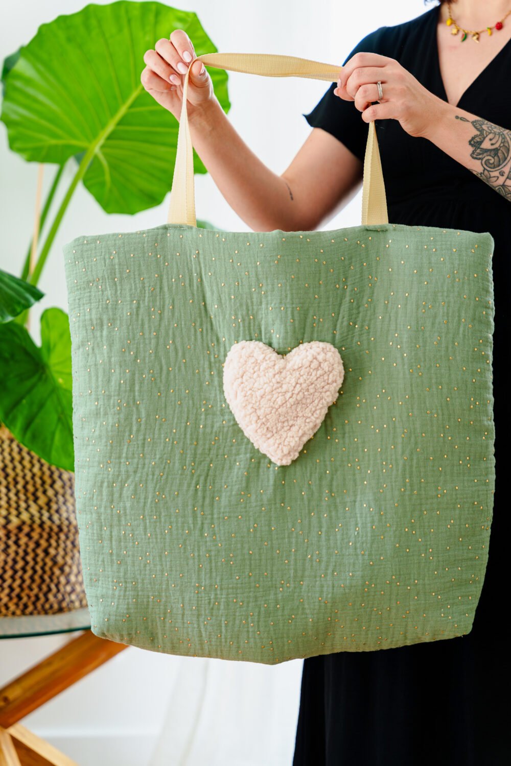 Sac cabas double gaz vert pois doré – Image 2