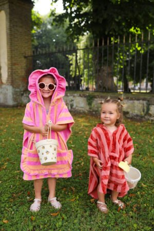 Poncho de bain froufrou rayé rose/orange