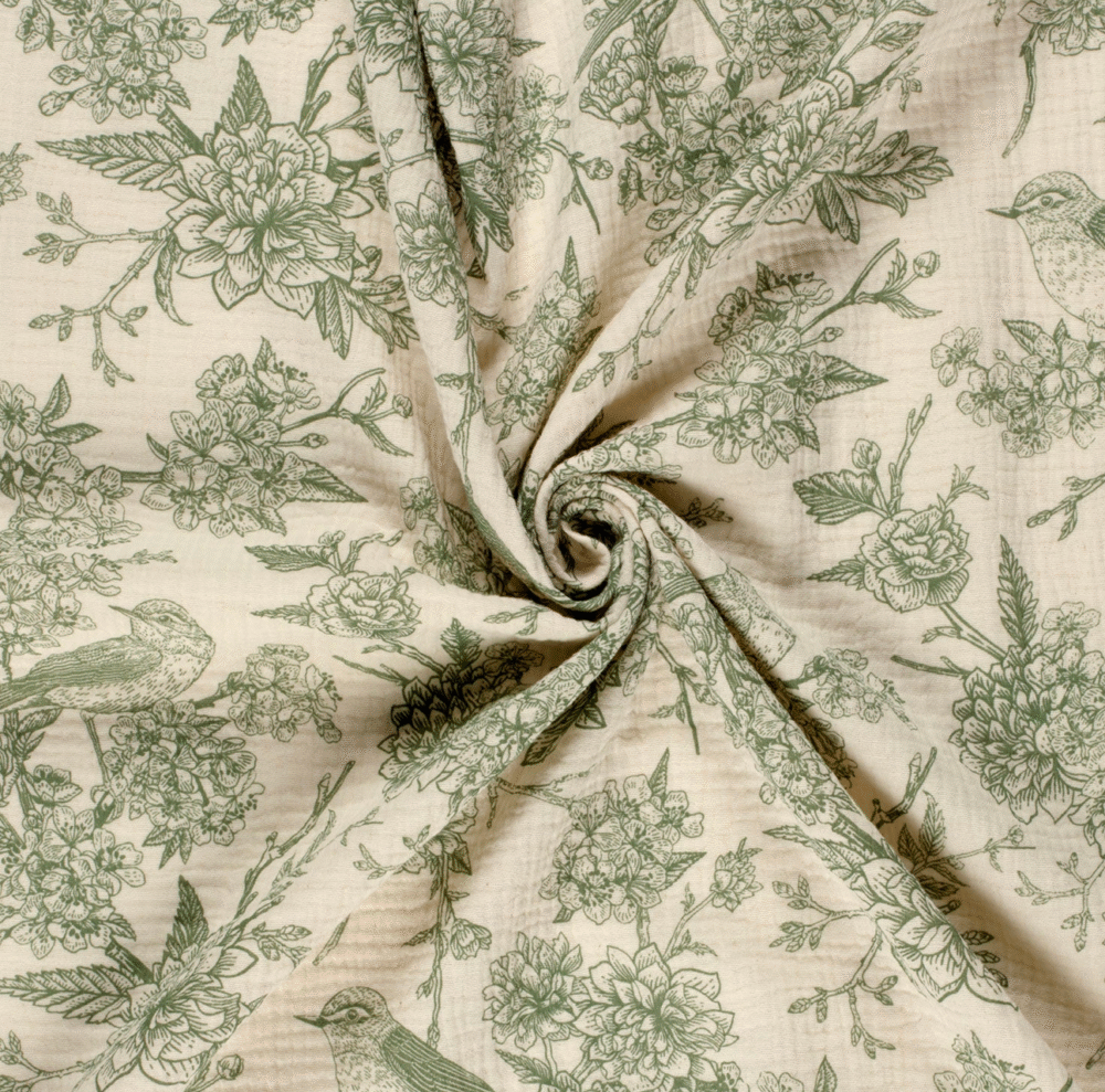 Tissu gaze de coton bird vert
