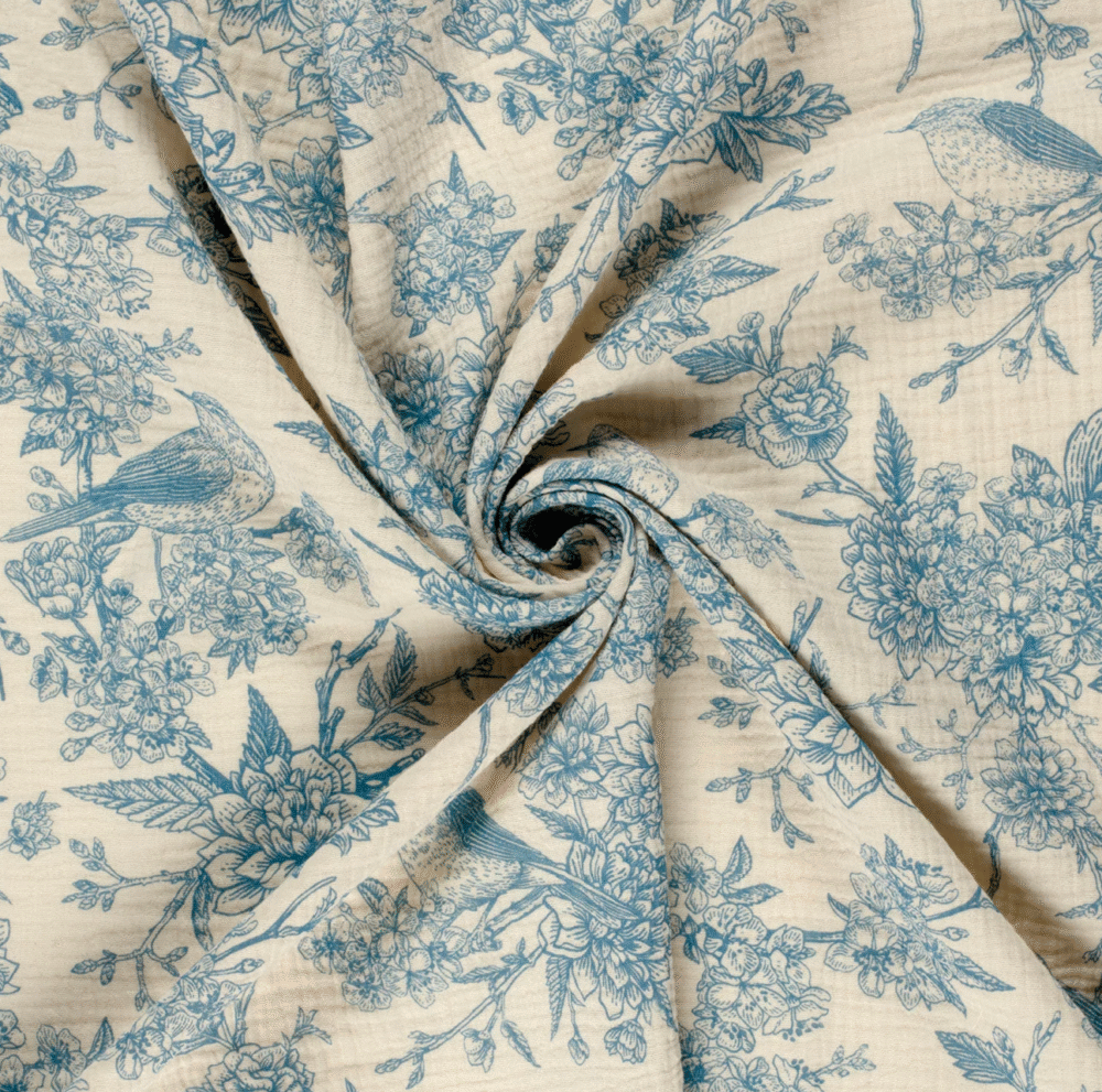 Tissu gaze de coton bird bleu