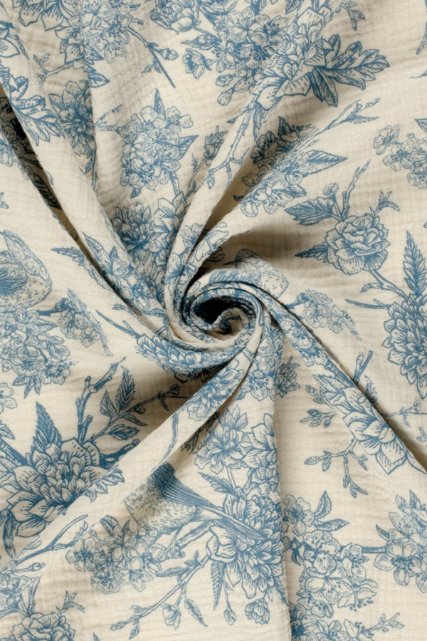 Tissu gaze de coton bird bleu