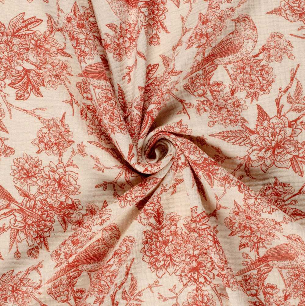 Tissu gaze de coton bird rouge